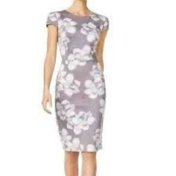 Betsy Johnson Women’s Size 6 Knit Sheath Dress Grey Floral Print Knee Length - Picture 1 of 13